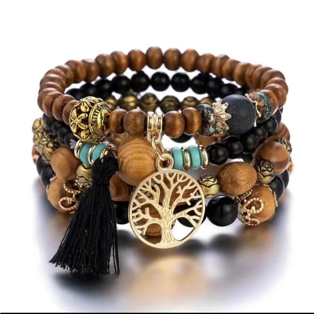 4pcs/set Tree Of Life Pendant Multilayer Beaded Bracelet Round wood Bead